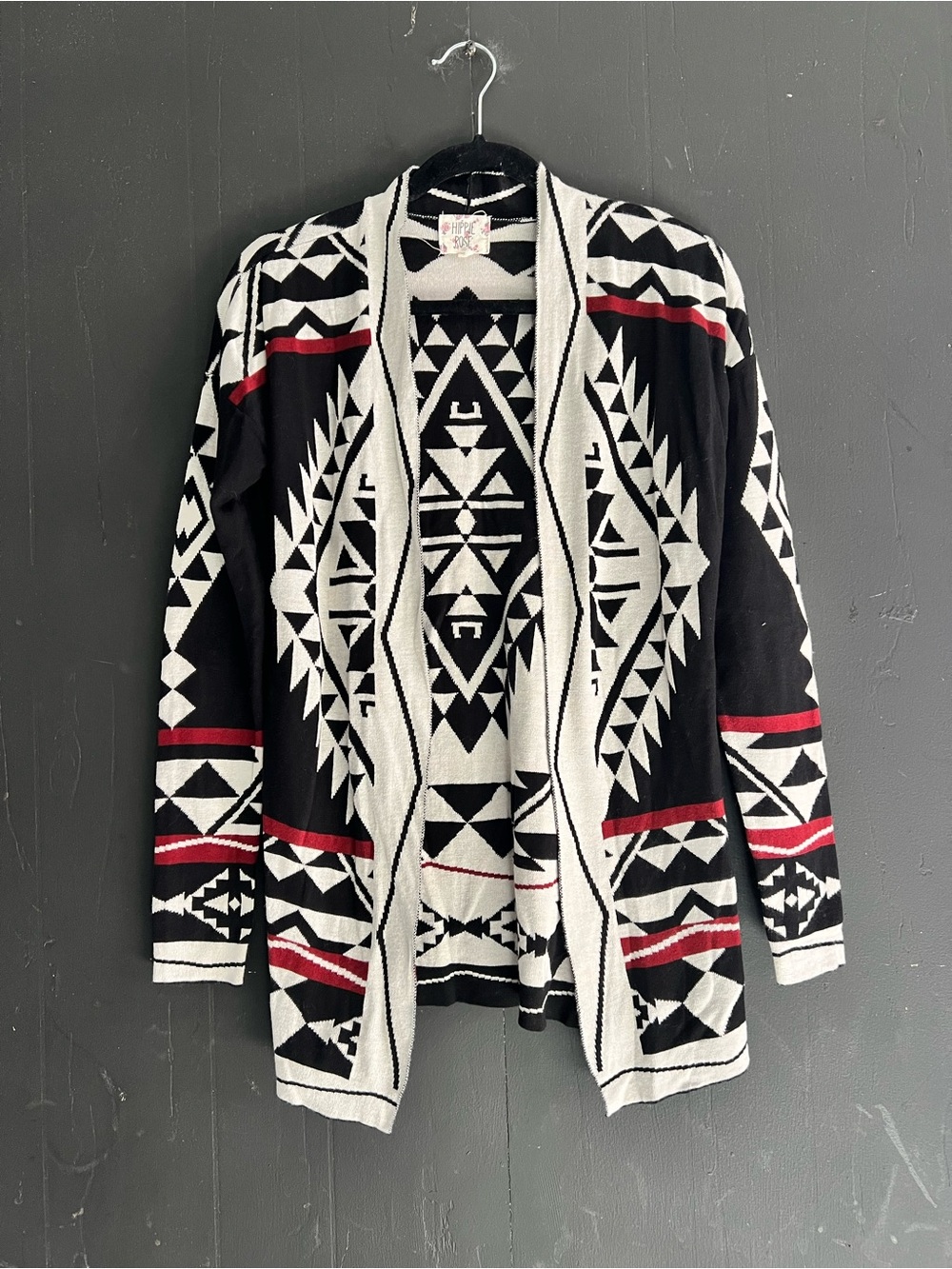 Hippie Rose Black & White Aztec Cardigan with Red Stripes